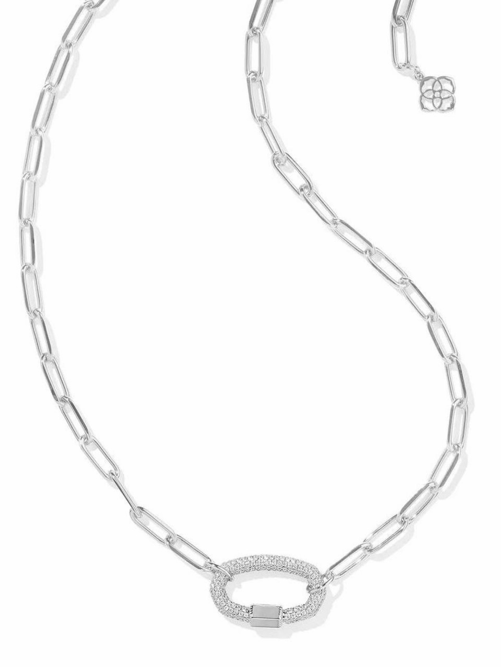 Kendra Scott Sterling Silver Link Necklace with Pave White Crystal Oval Pendant